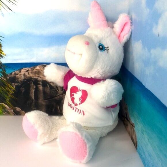 Lil' Zoovenir White Unicorn with Boston T-Shirt Washable Plush Beanie To… - Picture 2 of 7